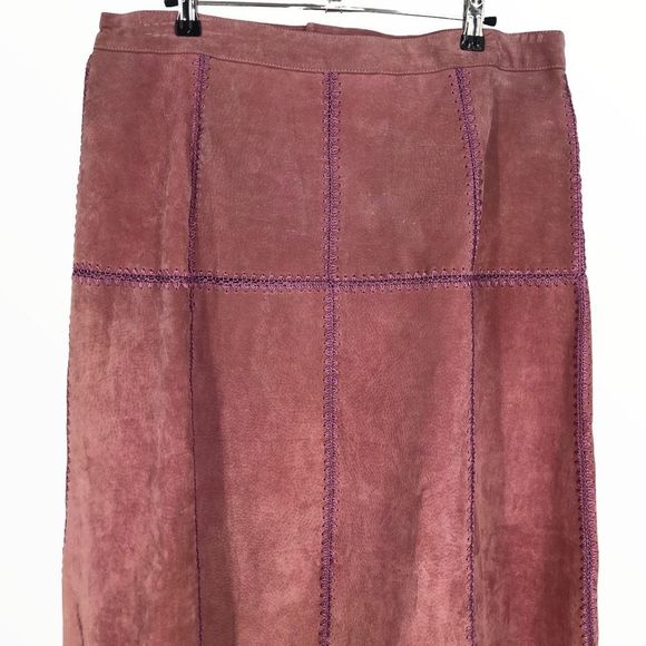 Y2K Vintage Mauve Pink Patchwork Pieced Leather Stitched Midi Skirt NWT size 12 - Picture 2 of 12